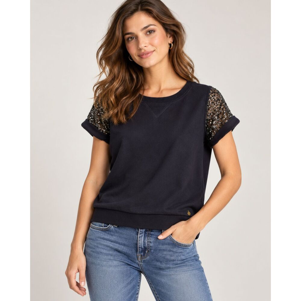 Maison Scotch & Soda Black Sweatshirt Short Sleeves Sequins Back Buttons Size 1